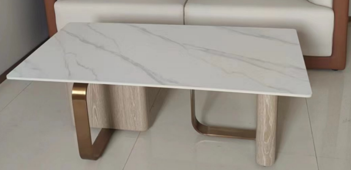 Rectangular Sintered Stone Top Coffee Table with Mixed Wood and Brushed Bronze Supports