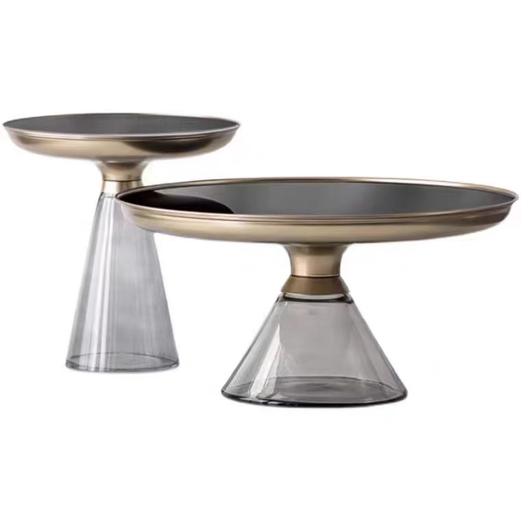 Set of 2 Smoked Glass & Brushed Brass Elevated Decorative Trays