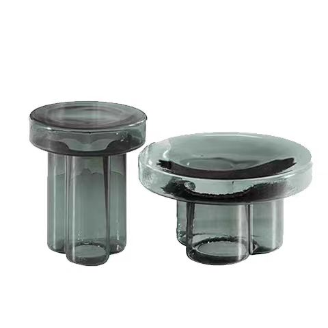 2-Piece Smoked Tinted Glass Nesting Side Table Set with Clustered Cylindrical Pedestal Base
