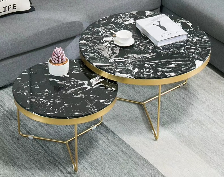 2-Piece Round Black Marble-Veined Nesting Coffee Table Set with Gold Metal Frame