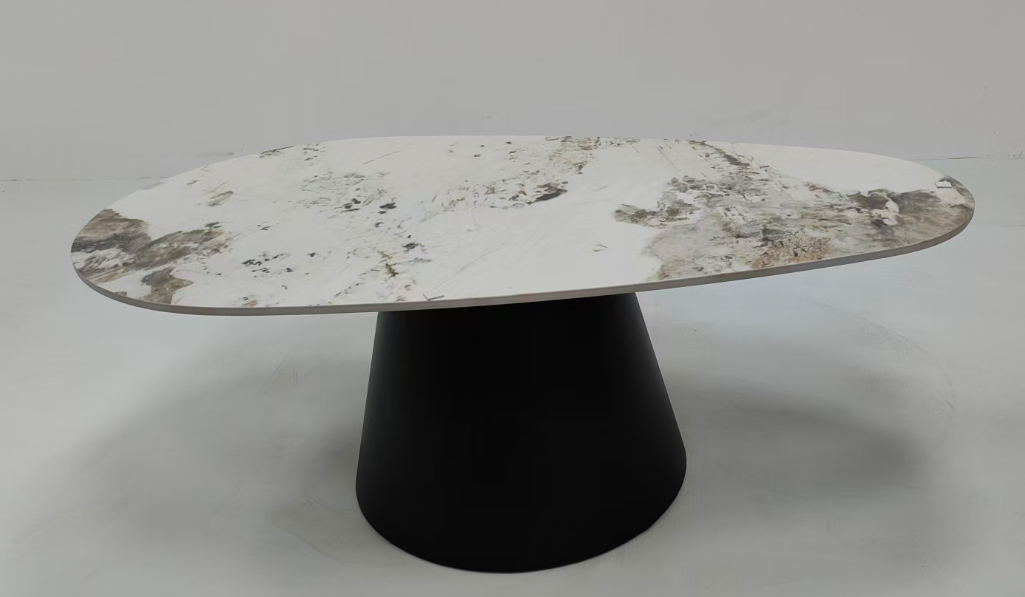 Modern Oval Sintered Stone Coffee Table with Matte Black Conical Pedestal Base