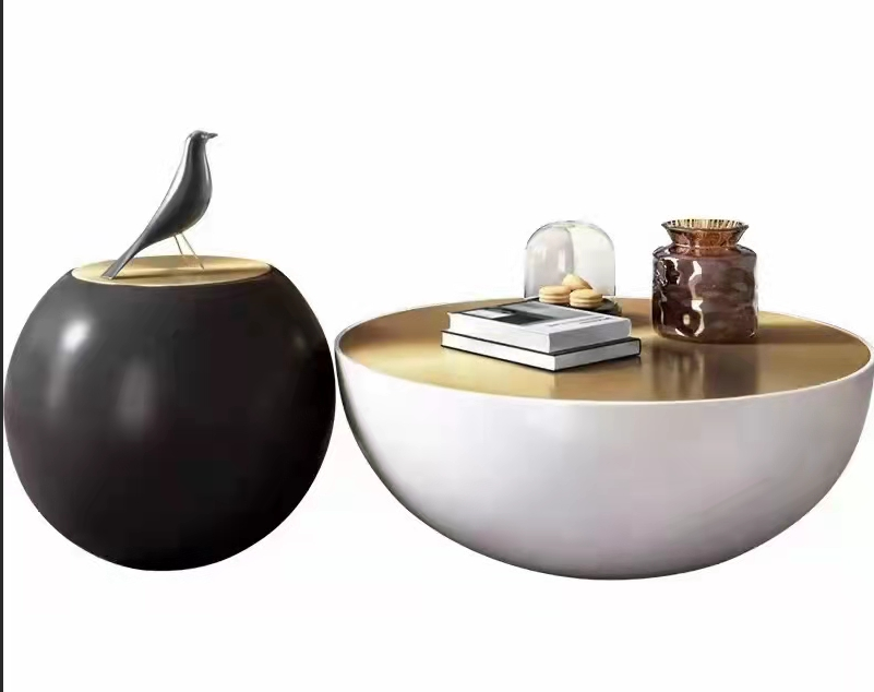 2-Piece Modern Spherical Pedestal Nested Coffee Table Set, Brass Gold Top