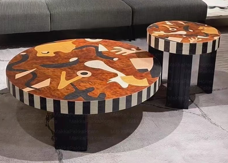 Artistic Burl Inlay Two-Piece Round Nesting Coffee Table Set with Striped Edge