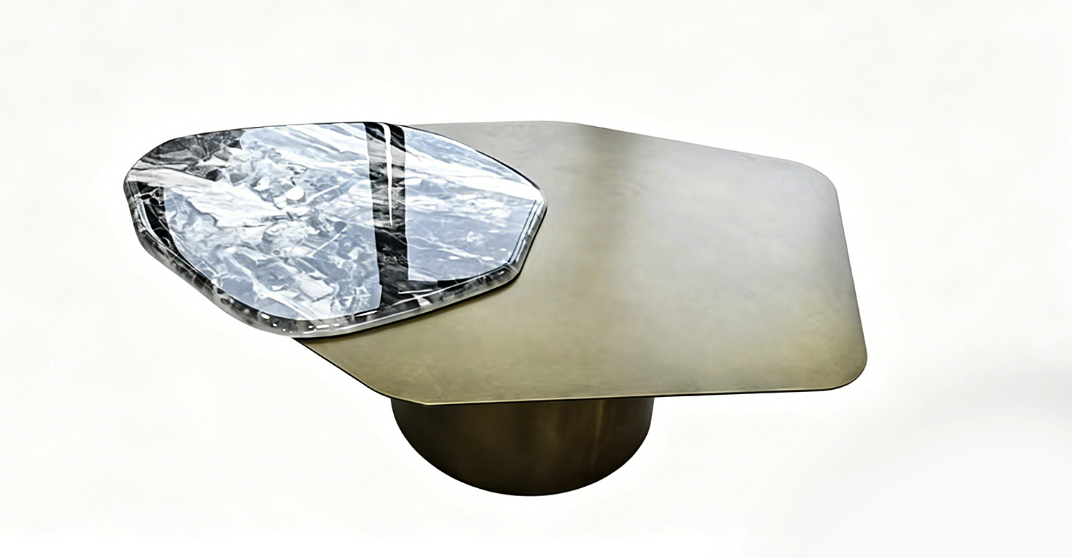 Asymmetric Overlapping Marble and Brushed Brass Pedestal Coffee Table