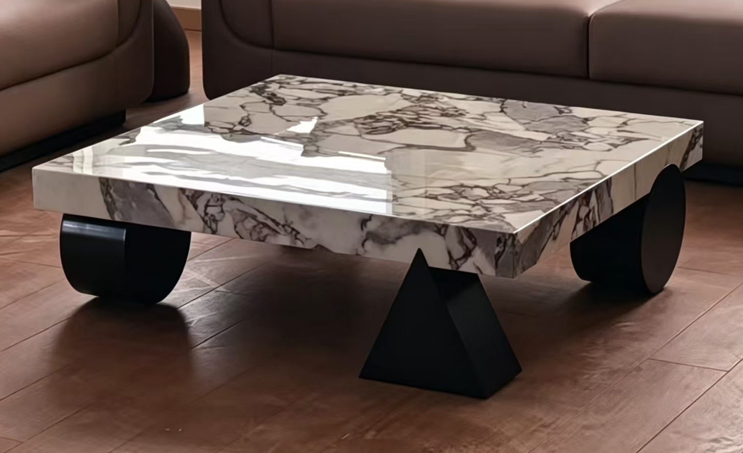 Square Polished Marble-Effect Coffee Table with Sculptural Black Geometric Base