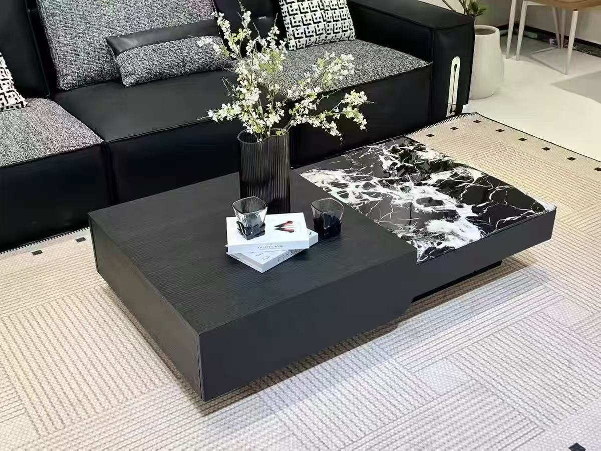 Modern Split-Top Black Plinth Coffee Table with Offset Polished Marble Insert