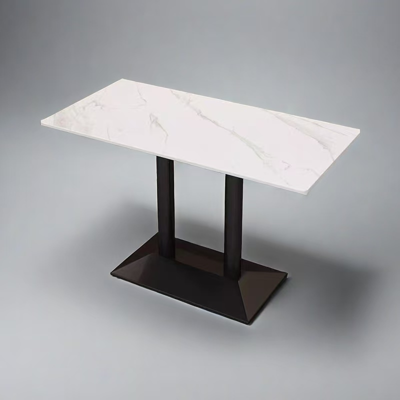Rectangular White Marble-Effect Commercial Dining Table with Black Twin-Pedestal Base