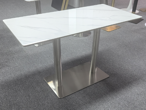 Modern Rectangular White Sintered Stone Dining Table with Brushed Stainless Steel Twin-Column Base