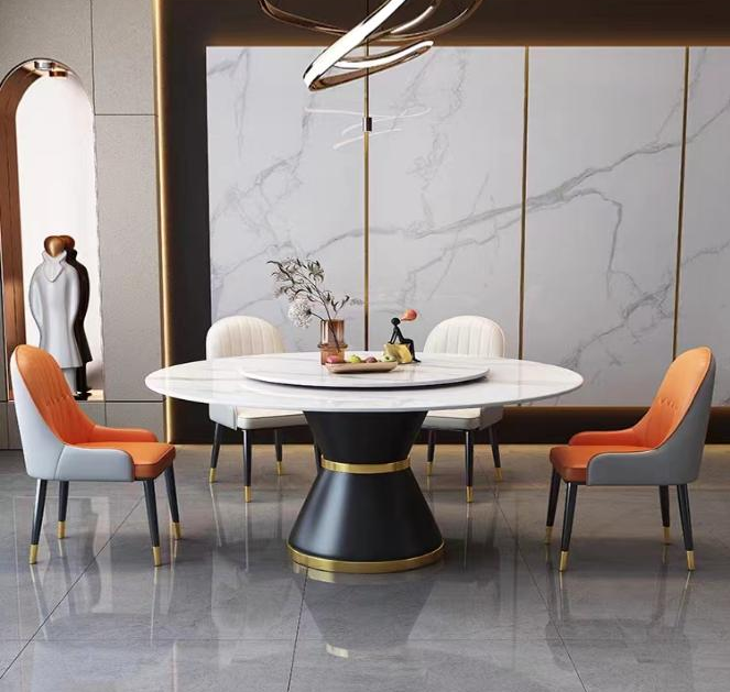 Modern Round White Stone Dining Table with Rotating Lazy Susan, Black-Gold Hourglass Pedestal Base