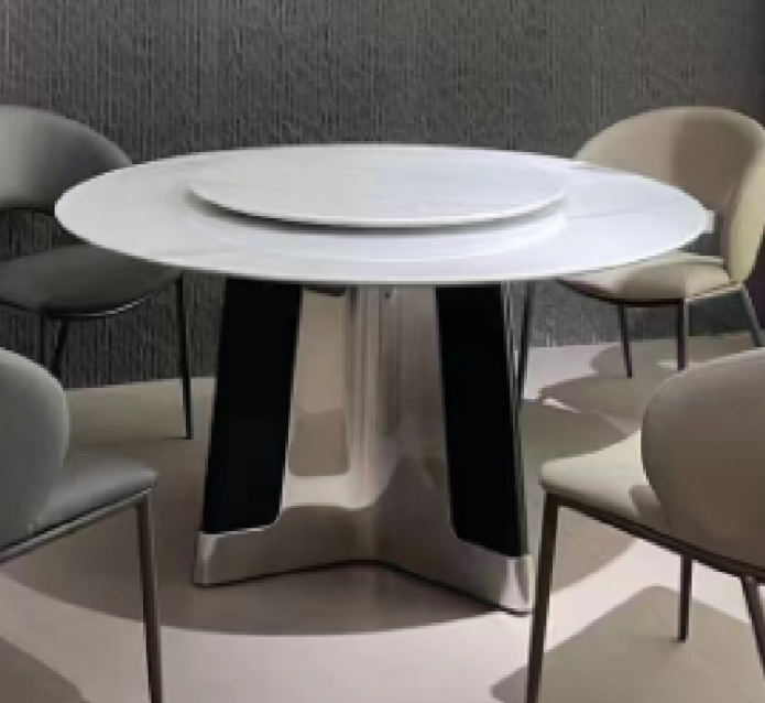 Contemporary Light Stone Round Dining Table with Central Lazy Susan