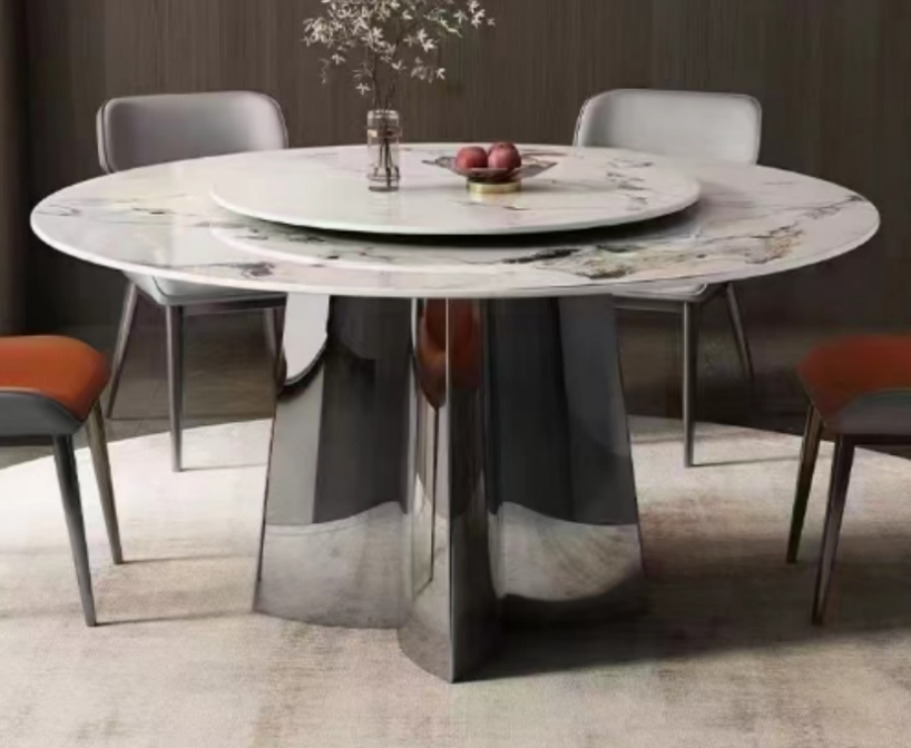 Glossy Stone Top Round Dining Table with Rotating Lazy Susan and Polished Faceted Metal Pedestal Base