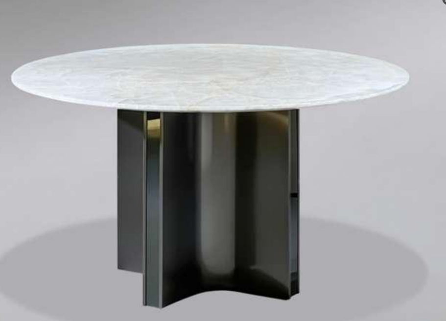 Modern Round Veined White Stone Top Dining Table with Dark Sculptural Metal Pedestal Base