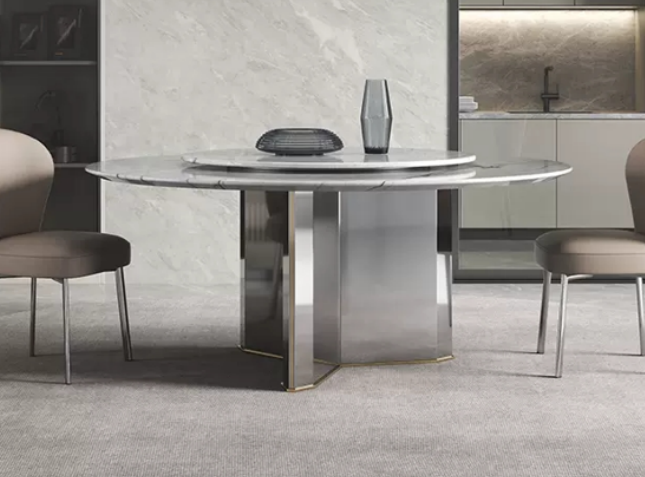 Contemporary Round Polished Marble Dining Table with Central Lazy Susan