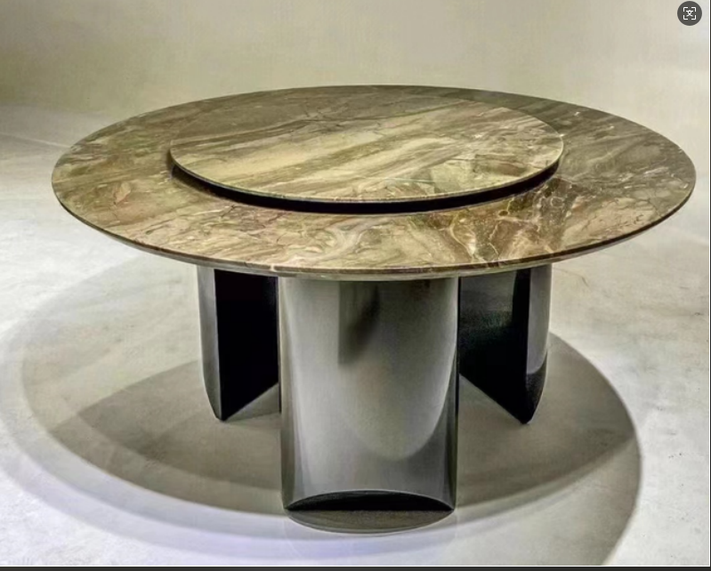 Contemporary Round Natural Marble Dining Table with Built-in 360° Lazy Susan