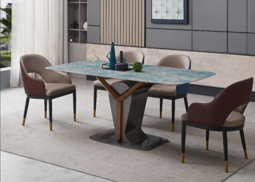 Contemporary Rectangular Blue Veined Stone Top Sculptural Pedestal Dining Table