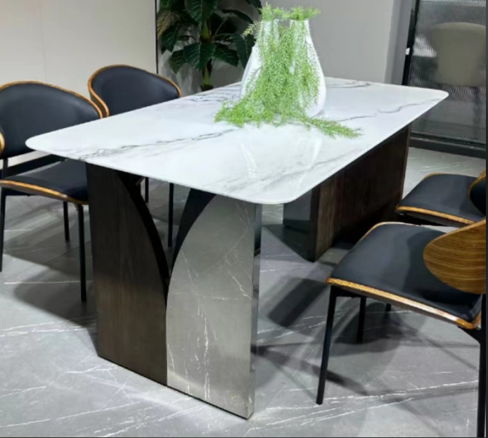 Modern Rectangular White Veined Stone Top Dual Pedestal Dining Table