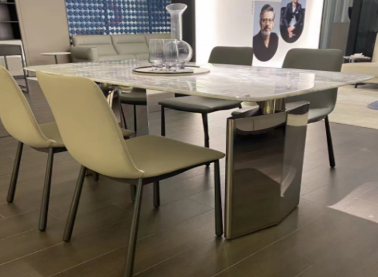 Rectangular Marble Look Top Dining Table with Mirror Base