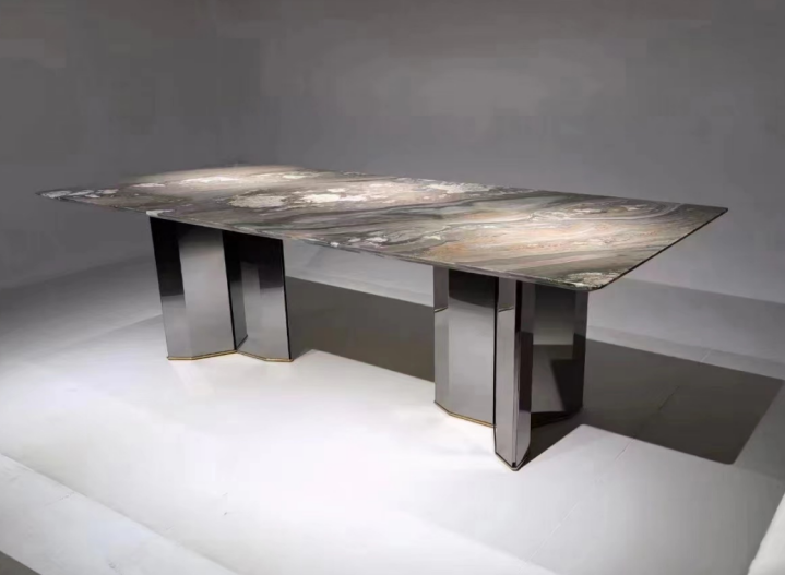 Contemporary Rectangular Natural Stone Double-Pedestal Dining Table