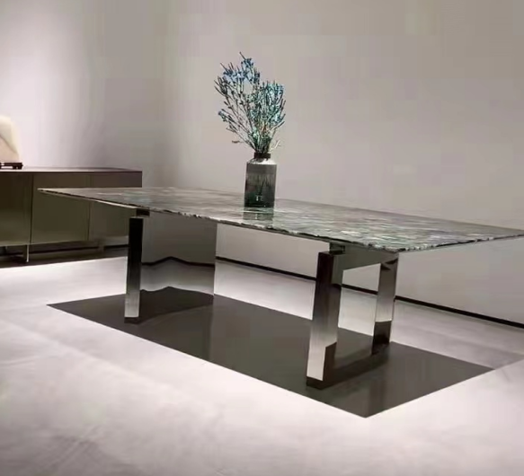 Modern Rectangular Polished Stone Top Dining Table with Stainless Steel U-Legs