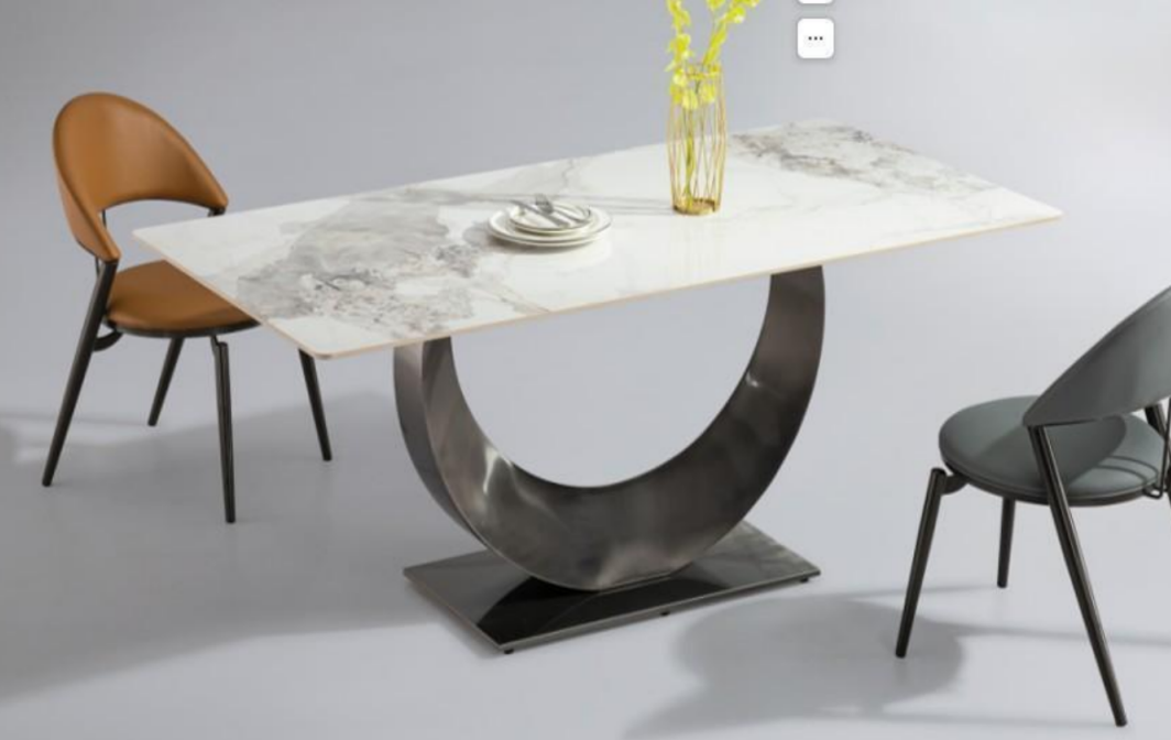 Modern Rectangular Sintered Stone Dining Table with C-Shaped Gunmetal Pedestal Base