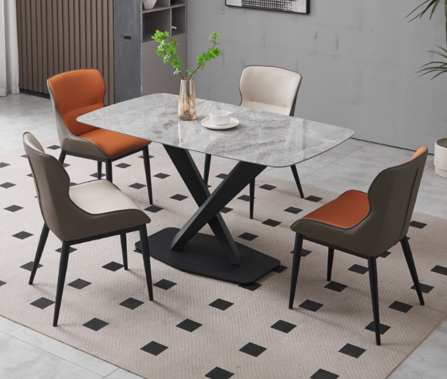 Modern 4-Seater Rectangular Sintered Stone Dining Table with X-Shaped Black Metal Base