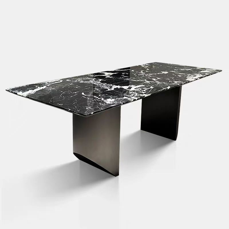 Rectangular Black Veined Marble Dining Table with Dual Metal Panel Legs