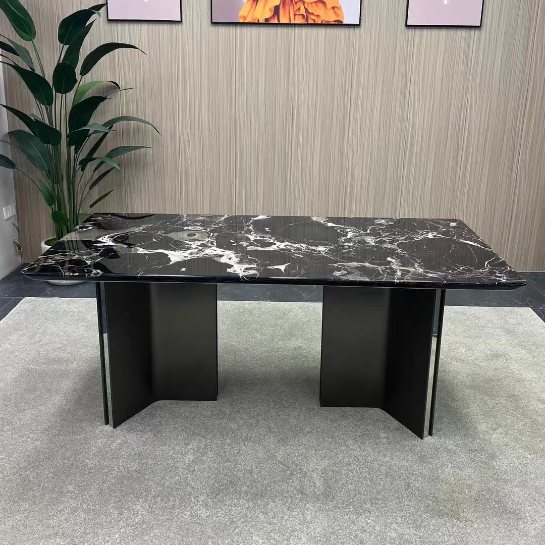 Rectangular Black Veined Marble Dining Table with Dual Sculptural Black Metal Pedestal Bases