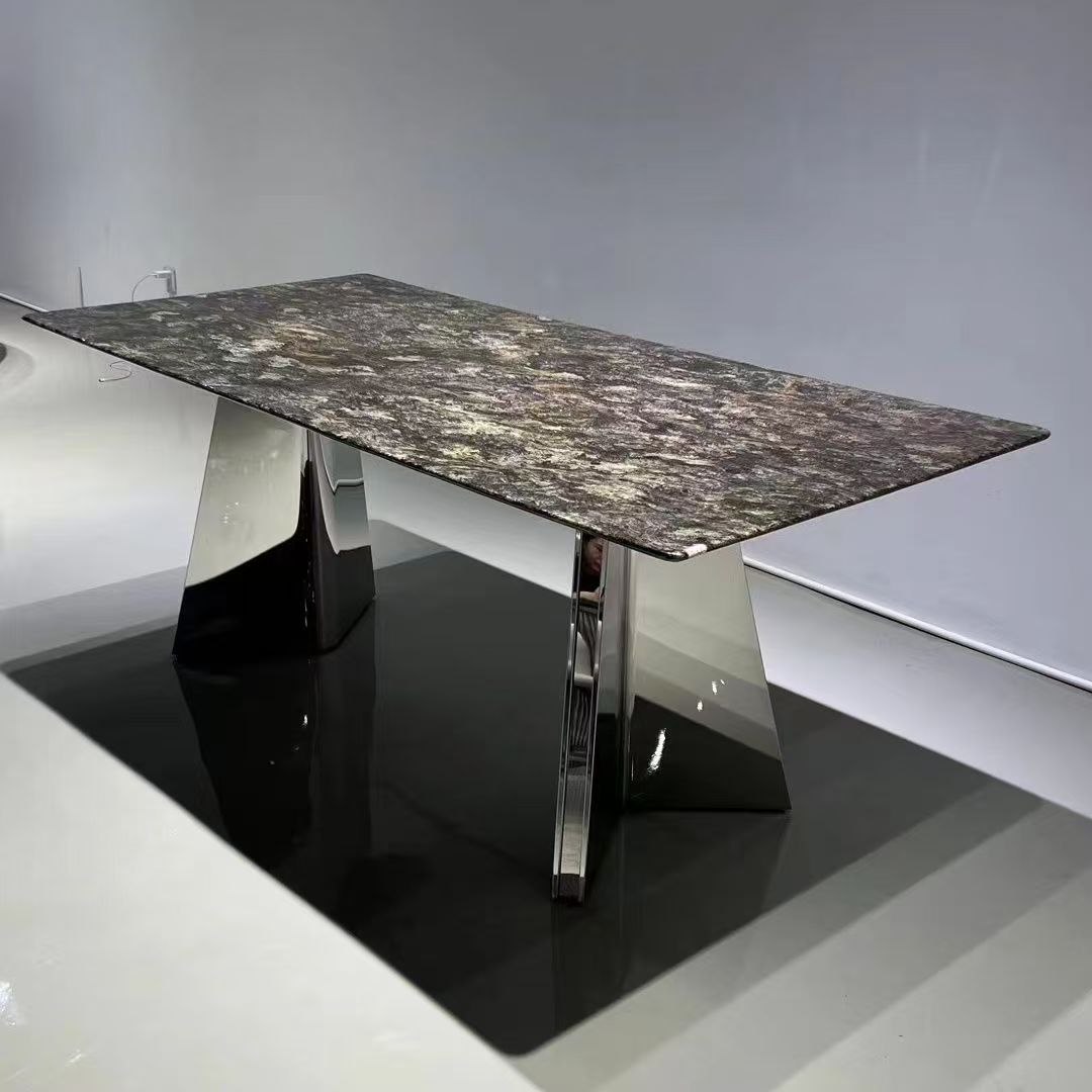 Modern Rectangular Luxury Natural Stone Dining Table with Dual Mirror Polished Stainless Steel Trapezoidal Pedestal Bases