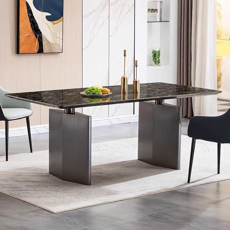 Dark Polished Stone Top Double Pedestal Dining Table