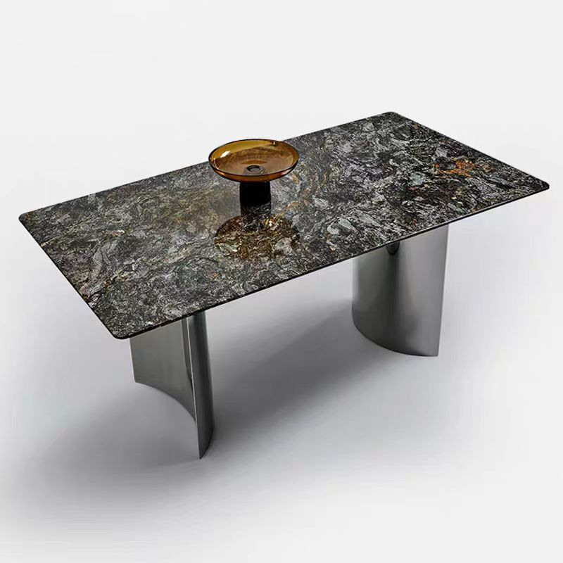 Rectangular Natural Stone Top Dining Table with Polished Stainless Steel Cylindrical Legs