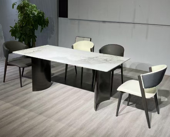 Contemporary Light Veined Stone Top Double Curved Pedestal Dining Table