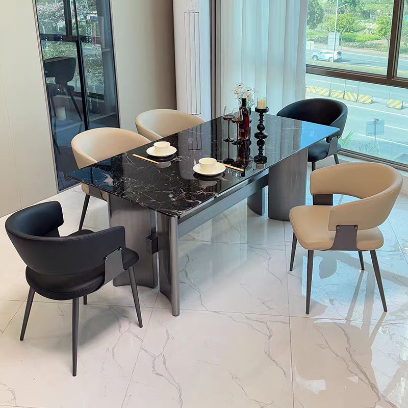Modern Rectangular Black Veined Stone Dining Table with Dual Gunmetal Pedestal Bases