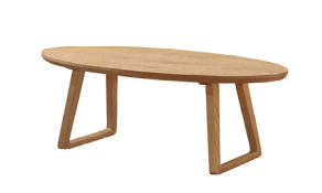 Light Natural Wood Oval Coffee Table with Geometric Trapezoidal End Legs