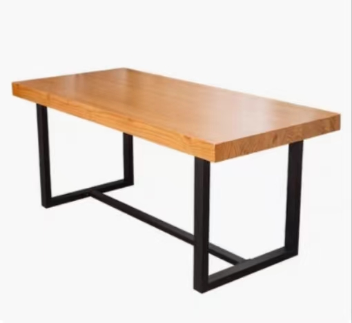 Rectangular Solid Wood Top Dining Table with Black Metal Trestle Legs