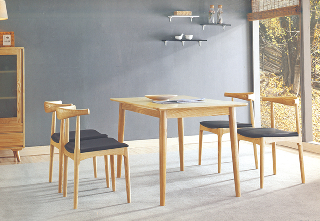 Light Oak 4-Seater Square Dining Table Set with Black Upholstered Armless Chairs