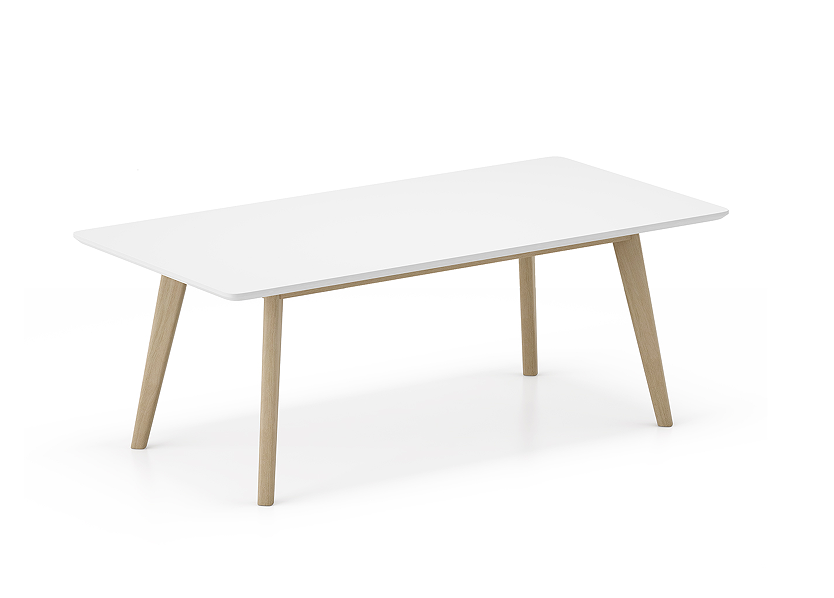 Minimalist Rectangular Matte White Coffee Table with Splayed Light Wood Legs