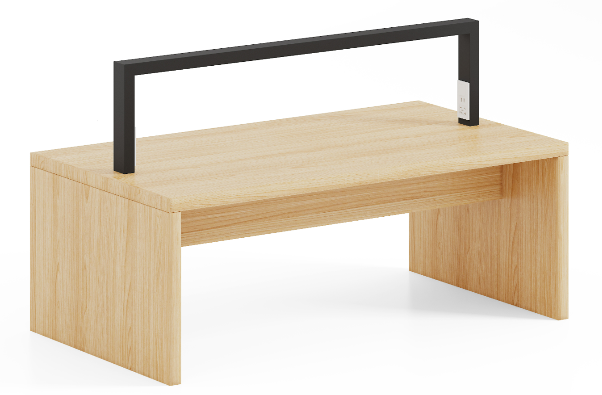 Light Oak Single-Person Office Workstation Desk with Overhead Power Gantry