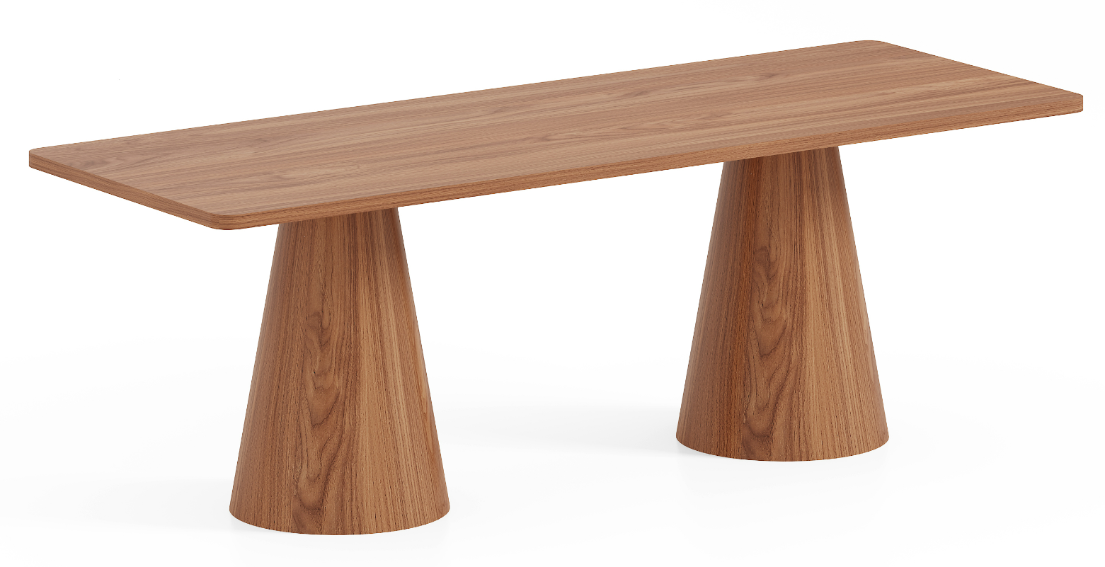 Walnut Rectangular Dining Table with Double Conical Pedestal Bases