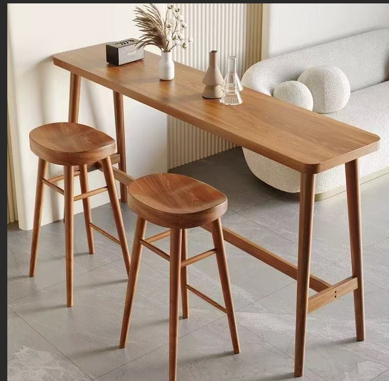 Solid Wood Narrow Console Bar Table with Full-Length Footrest