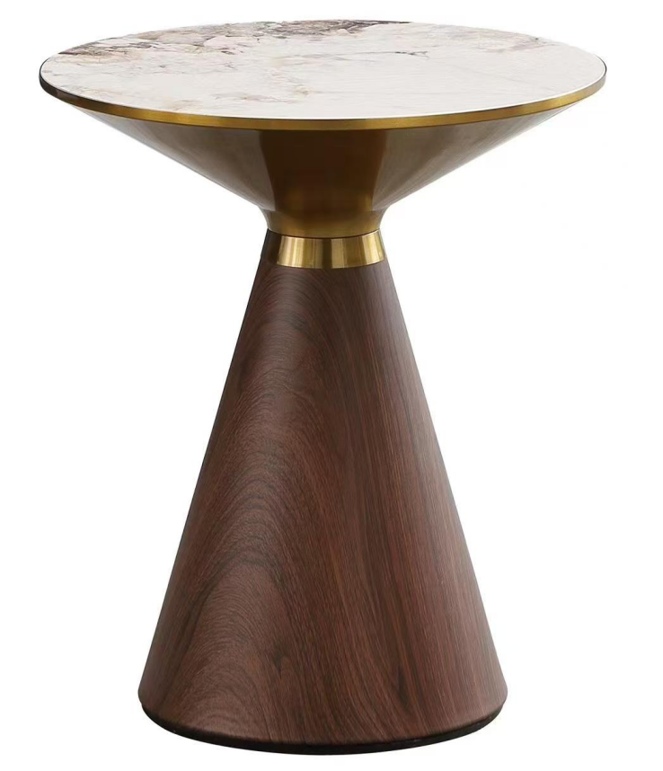 Round Stone Top Accent Side Table with Brass Trim and Walnut Conical Pedestal