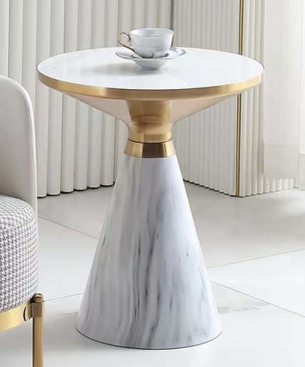 Modern Luxury Round Accent Side Table with Gold Trim and Marble-Effect Pedestal