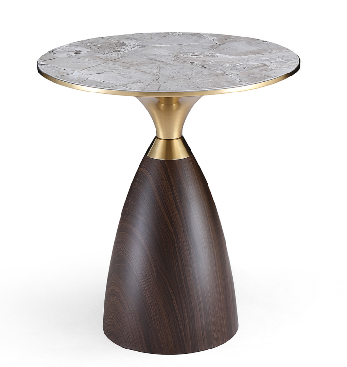Round Stone Top Side Table with Brushed Gold Accents and Walnut Veneer Base