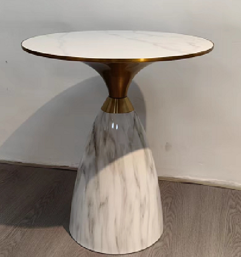 Round Marble Pedestal Side Table with Brass Accents