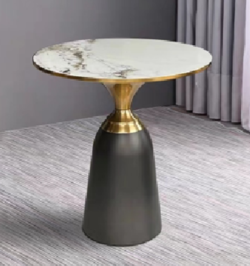Round Marble-Veneer Side Table with Gold Trim and Two-Tone Pedestal Base