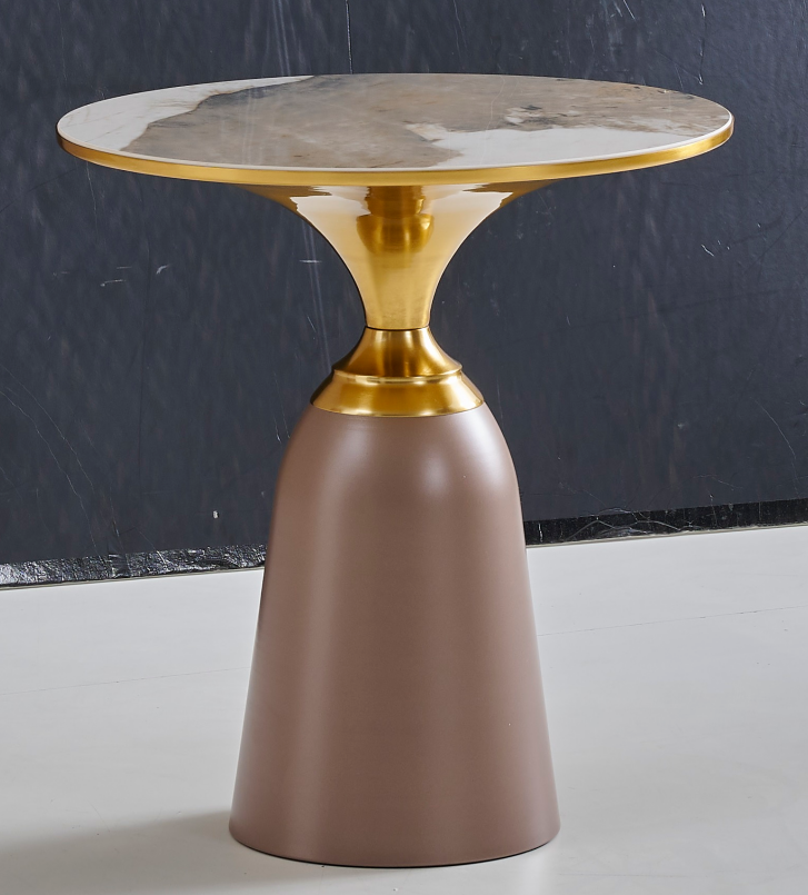 Round Marble-Look Top Accent Side Table with Polished Gold Flared Neck and Taupe Tapered Pedestal Base