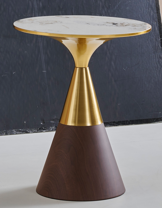 Round Marble Top Accent Side Table with Brass Walnut Hourglass Pedestal