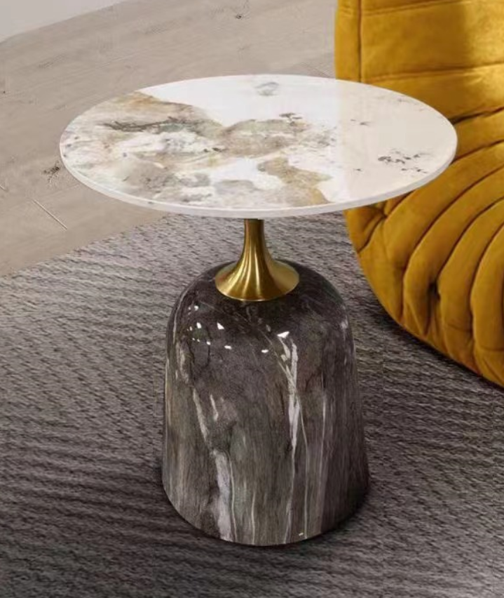 Round Polished Veined Marble Accent Side Table with Brass Tapered Neck and Bell-Shaped Dark Marble Pedestal