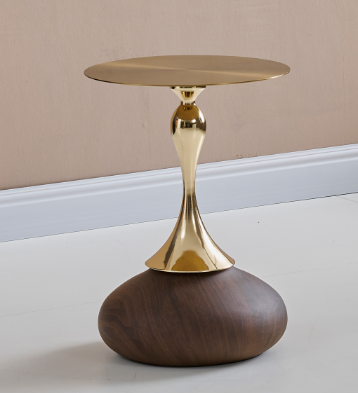 Round Polished Brass Pedestal Accent Side Table with Walnut Bulb Base