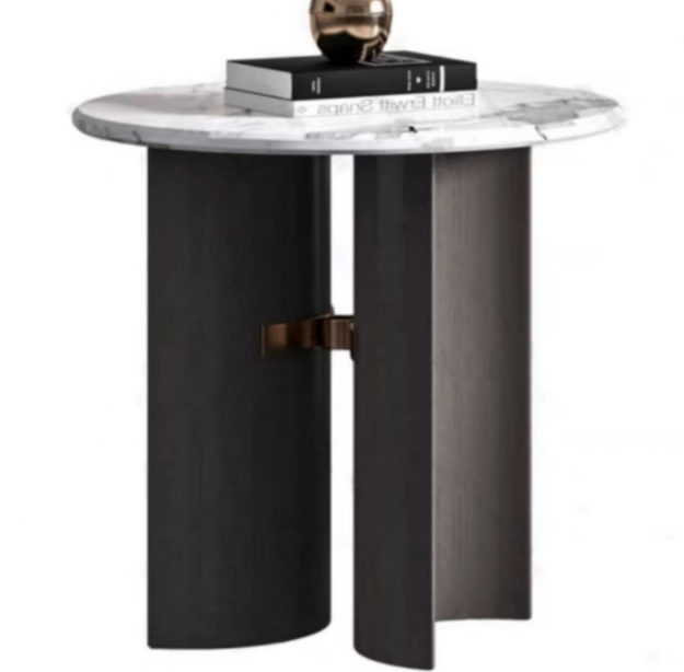 Round Marble-Veined Top Accent Side Table with Dual Curved Dark Wood Pedestals and Bronze Cross Connector
