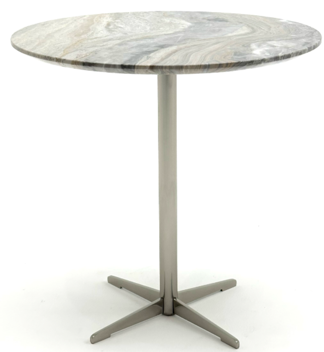 Round Marble-Veined Bar Height Pedestal Table with Brushed Metal Cross Base
